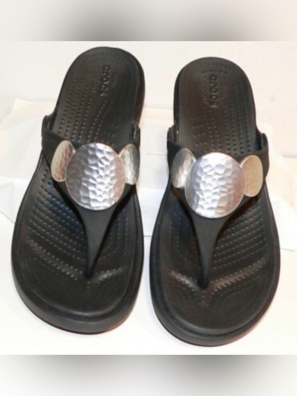 CROCS Black Sandal Flip with Hammered Silver Medallions